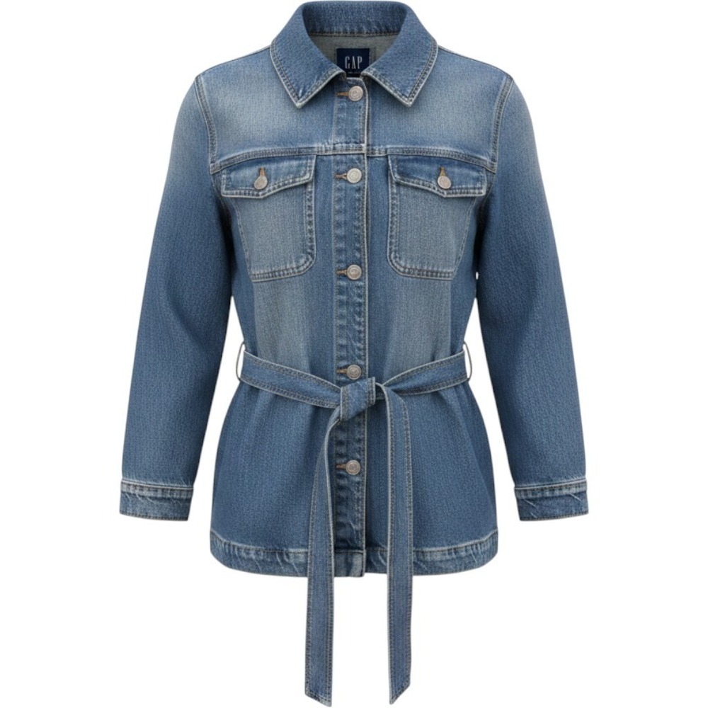 Gap Denim Belted Utility Jacket Womens Medium Blue Wash Button Front Chore Coat